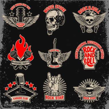 Müzik parti, rock Amblemler kümesi. Logo, amblem, etiket işareti için öğe tasarlayın. Vektör görüntü