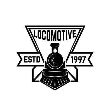 Retro tren amblemi şablonu. Tren yolu. Lokomotif. Logo, amblem, etiket işareti için öğe tasarlayın. Vektör çizim