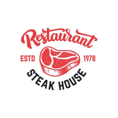 Steak house amblemi şablonu. Tasarım öğesi işareti, rozet, etiket, poster, kart için. Vektör görüntü