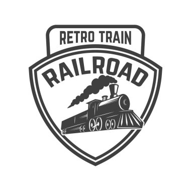 Retro tren amblemi şablonu. Tren yolu. Lokomotif. Logo, amblem, etiket işareti için öğe tasarlayın. Vektör çizim
