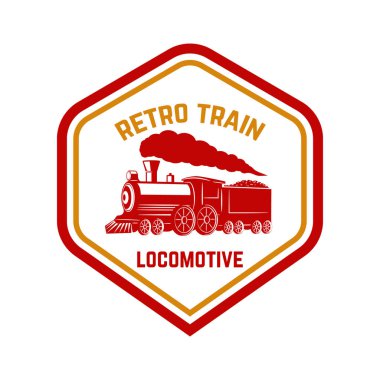 Retro tren amblemi şablonu. Tren yolu. Lokomotif. Logo, amblem, etiket işareti için öğe tasarlayın. Vektör çizim