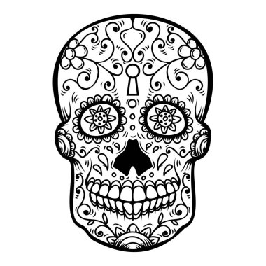 Beyaz arka plan üzerinde izole şeker kafatası. Ölülerin günü. Dia de los muertos. Tasarım öğesi kartý, poster, afiş, yazdırma için. Vektör çizim