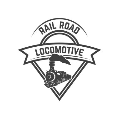 Retro tren amblemi şablonu. Tren yolu. Lokomotif. Logo, amblem, etiket işareti için öğe tasarlayın. Vektör çizim