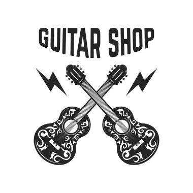 Amblemi çapraz gitar ile. Logo, etiket, işaret, poster için tasarım öğeleri. Vektör görüntü