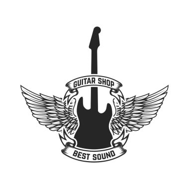 Gitar dükkanı amblemi şablonu. Tasarım öğesi işareti, rozet, t gömlek, poster için. Vektör çizim