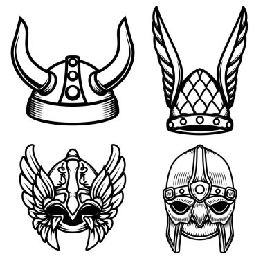 Beyaz arka plan üzerinde izole viking kask kümesi. Tasarım öğesi logosu, etiket, işaret için. Vektör görüntü