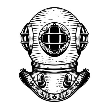 El retro tarzı dalgıç kask resimde beyaz zemin üzerine çekilmiş. Tasarım öğeleri için logo, etiket, arma, işaret, rozet. Vektör görüntü