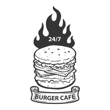 Burger Cafe amblemi şablonu. Hamburger illüstrasyon ateşle. Logo, amblem, etiket işareti için öğe tasarlayın. Vektör görüntü