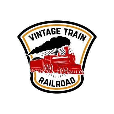 Retro tren amblemi şablonu. Tren yolu. Lokomotif. Logo, amblem, etiket işareti için öğe tasarlayın. Vektör çizim