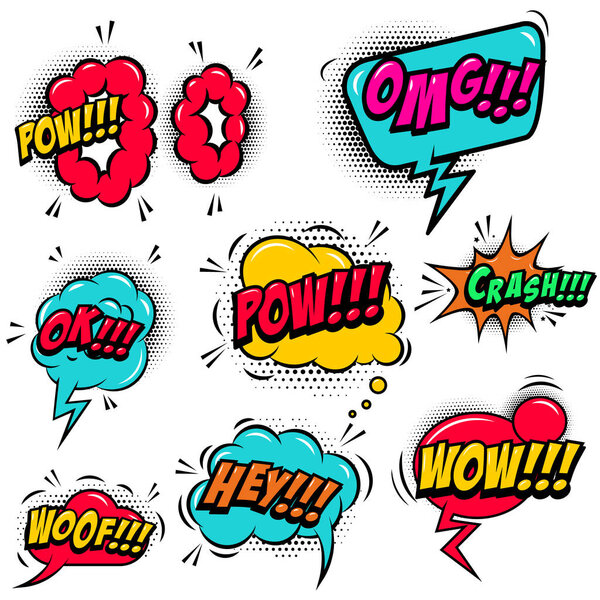 set of comic style speech bubbles with sound text effects. Design element for poster, card, banner, flyer. Vector illustration