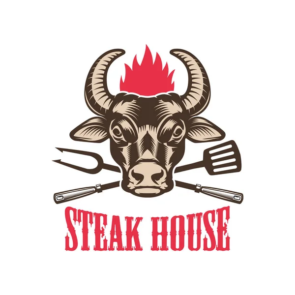 Steakhaus Emblemvorlage Mit Stierkopf Designelement Für Logo Etikett Emblem Vektorillustration — Stockvektor