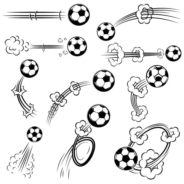 Ensemble Ballons Football Soccer Avec Des Pistes Mouvement Dans Style — Image vectorielle