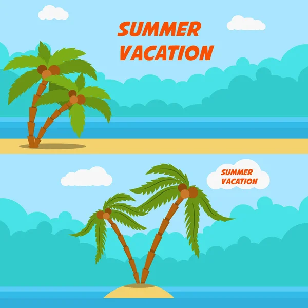 Summer Vacation Set Cartoon Style Banners Palms Beach Vector Image — Stock Vector