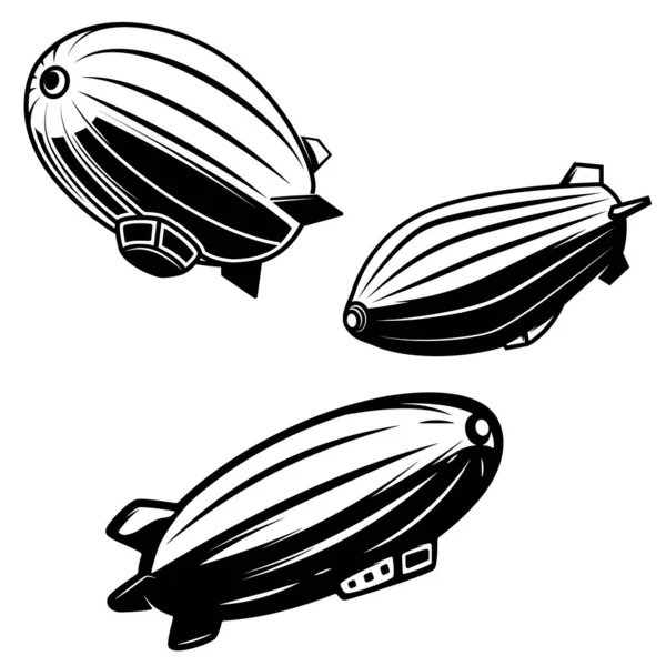 Conjunto Ilustrações Aerostáticas Sobre Fundo Branco Dirigíveis Zeppelins Elementos Design — Vetor de Stock