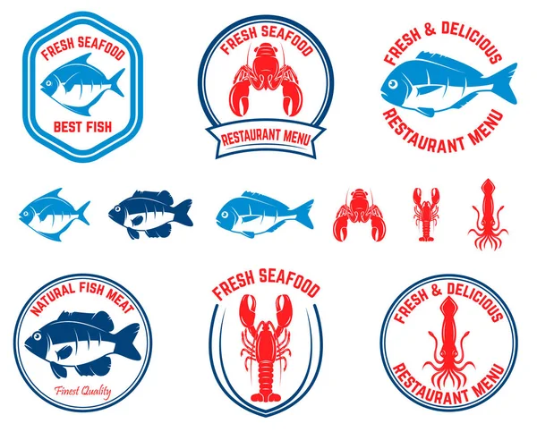 Set Emblem Seafood Ikan Lobster Cumi Cumi Desain Elemen Untuk - Stok Vektor