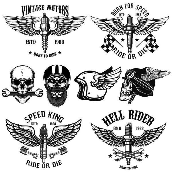 Set of biker emblems with winged spark plugs. Racer skull. Design element for poster, card, logo, emblem, sign. Vector image