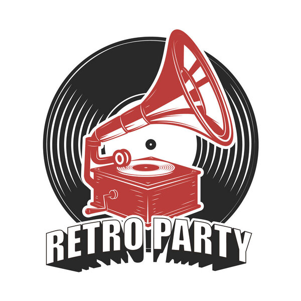 Retro party. Emblem with Vintage style gramophone. Design element for poster, card, emblem, sign. Vector illustration