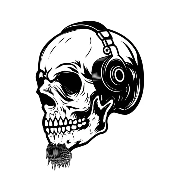 Crâne Barbu Dans Les Écouteurs Élément Design Pour Enseigne Badge — Image vectorielle