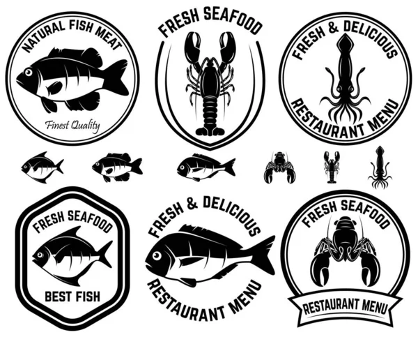 Set Label Seafood Ikan Cumi Cumi Lobster Desain Elemen Untuk - Stok Vektor