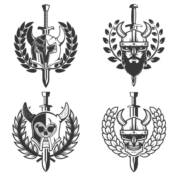 Set Helmets Wreath Sword Design Element Logo Label Emblem Sign — Stock Vector