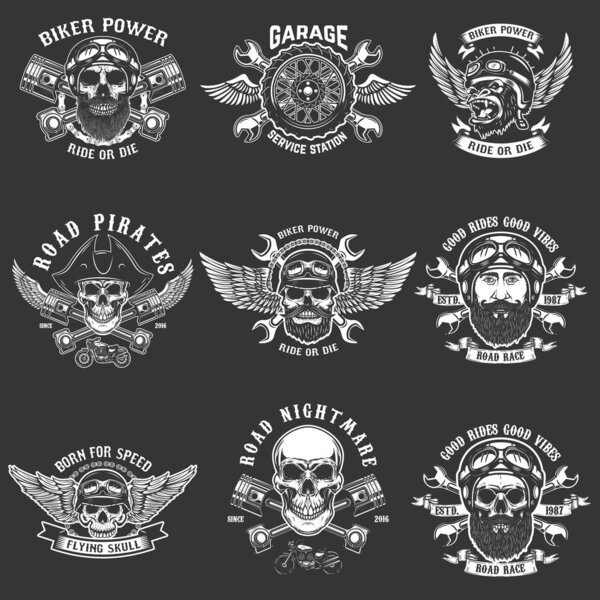 Set of biker club emblem templates. Vintage motorcycle labels. Design element for logo, label, emblem, sign. Vector illustration