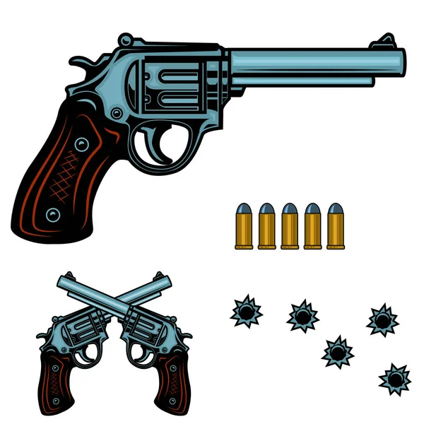 Revólver Ilustración Colorida Balas Pistola Agujeros Elemento Diseño Para Póster — Vector de stock