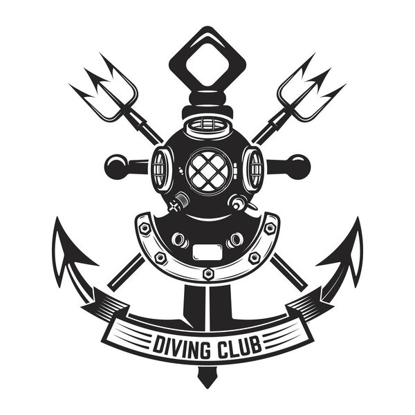 Diving club. Vintage diver helmet and anchor. Design element for logo, label, emblem, sign. Vector image