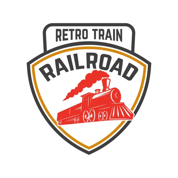 Retro tren amblemi şablonu. Tren yolu. Lokomotif. Logo, amblem, etiket işareti için öğe tasarlayın. Vektör çizim