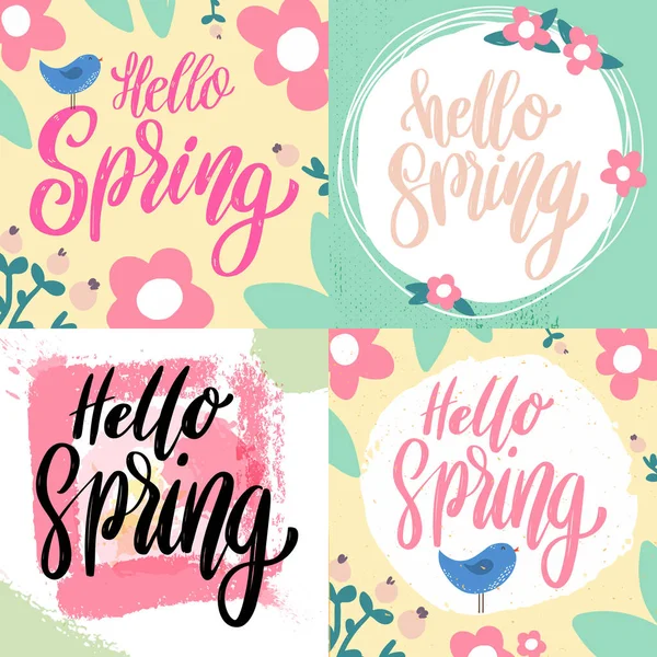 Hello Spring Lettering Phrase Background Flowers Decoration Design Element Poster — Stock Vector