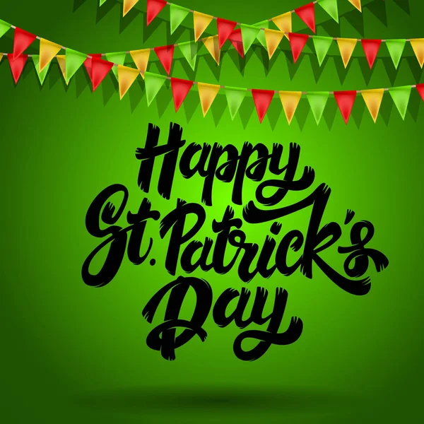 Happy Patrick Day Lettering Phrase Background Flags Design Element Poster — Stock Vector