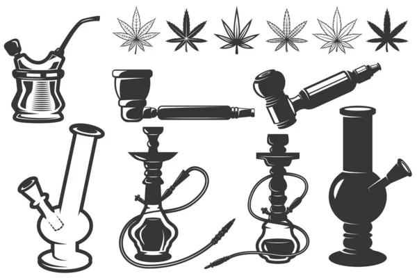 Set Van Cannabis Bladeren Waterpijpen Hookahs Pictogrammen Cannabis Marihuana Ontwerpelementen — Stockvector