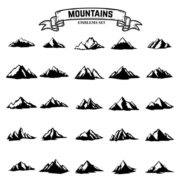 Большой набор горных икон выделен на белом фоне. Элементы оформления логотипа, этикетки, эмблемы, знака. Векторная иллюстрация

