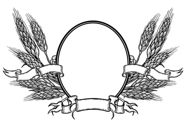 Cadre Ovale Avec Blé Dessiné Main Modèle Étiquette Bière Image — Image vectorielle