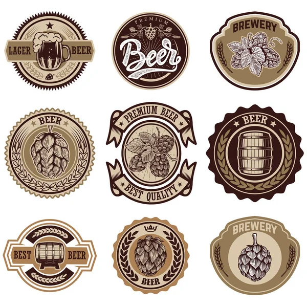 Vintage Bira Etiket Kümesi Tasarım Logo Etiket Arma Işaret Menü — Stok Vektör