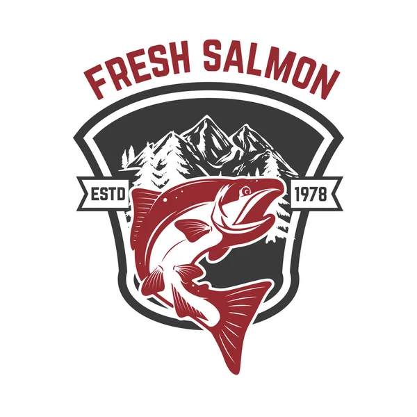 Pesca Salmón Salmón Fondo Con Montañas Elemento Diseño Para Logotipo — Archivo Imágenes Vectoriales