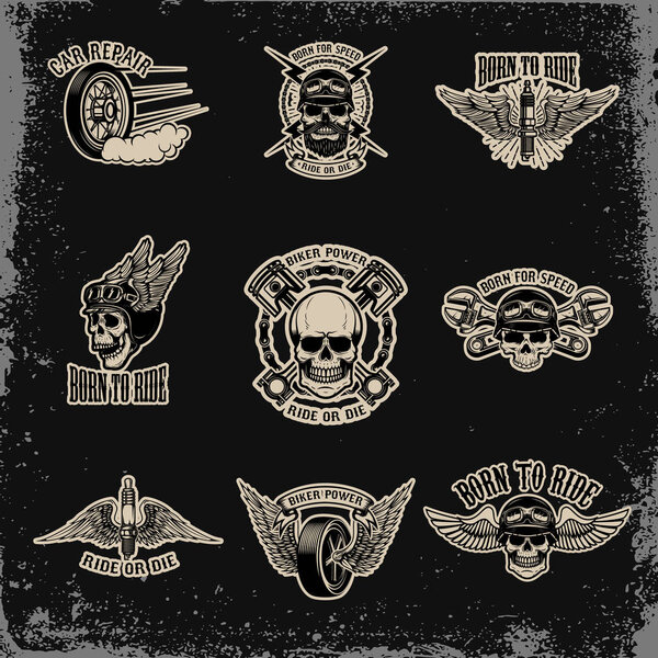 Set of emblems for biker club. Car repair. for logo,label, sign, badge. Vector illustration