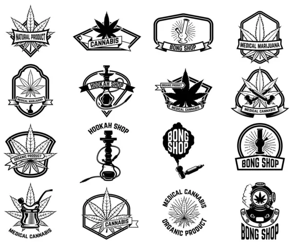 Set Vintage Emblemen Met Medische Marihuana Cannabis Bladeren Ontwerpelement Voor — Stockvector