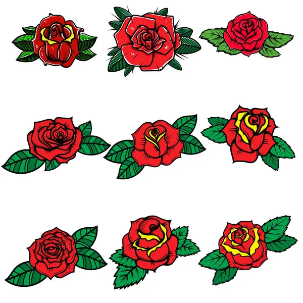 Ensemble Roses Style Tatouage Elément Design Pour Affiche Carte Bannière — Image vectorielle