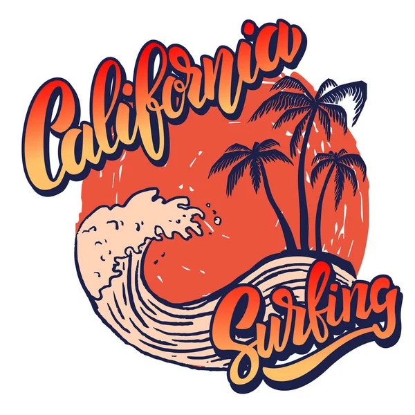 Kalifornischer Surfer Plakatvorlage Mit Schriftzug Und Handflächen Vektorbild — Stockvektor