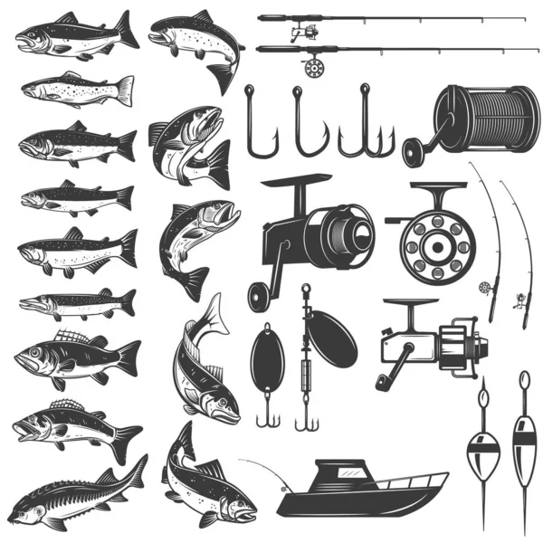 Set Icone Pesca Icone Pesce Canne Pesca Elemento Design Logo — Vettoriale Stock