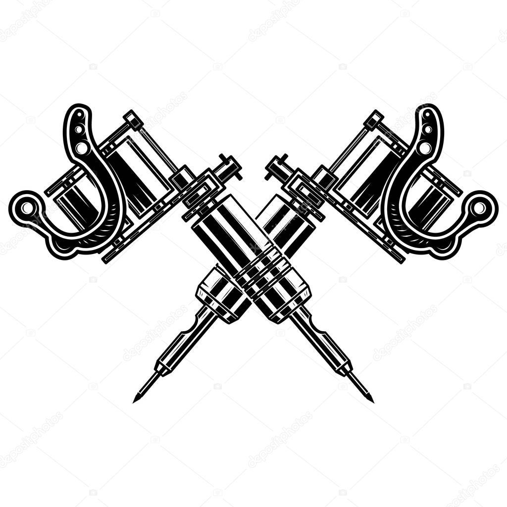 Crossed tattoo machines isolated on  white background. Design element for poster, emblem, sign, badge. Vector illustration