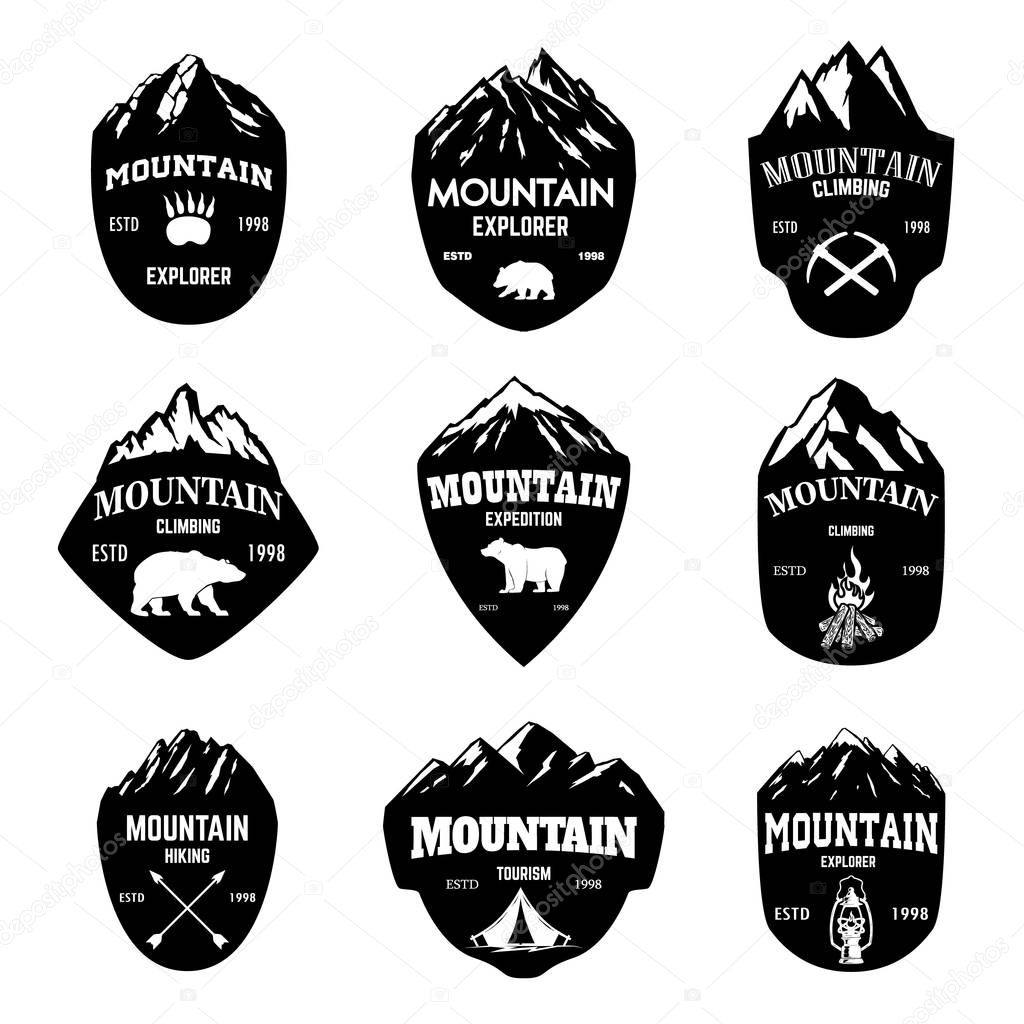 Set of mountain tourism, hiking emblems. Design element for logo, label, emblem, sign. Vector illustration