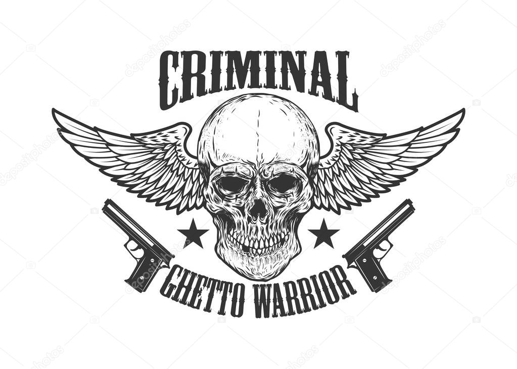 Criminal. Winged skull with handguns. Design element for poster, emblem, print, label. Vector image