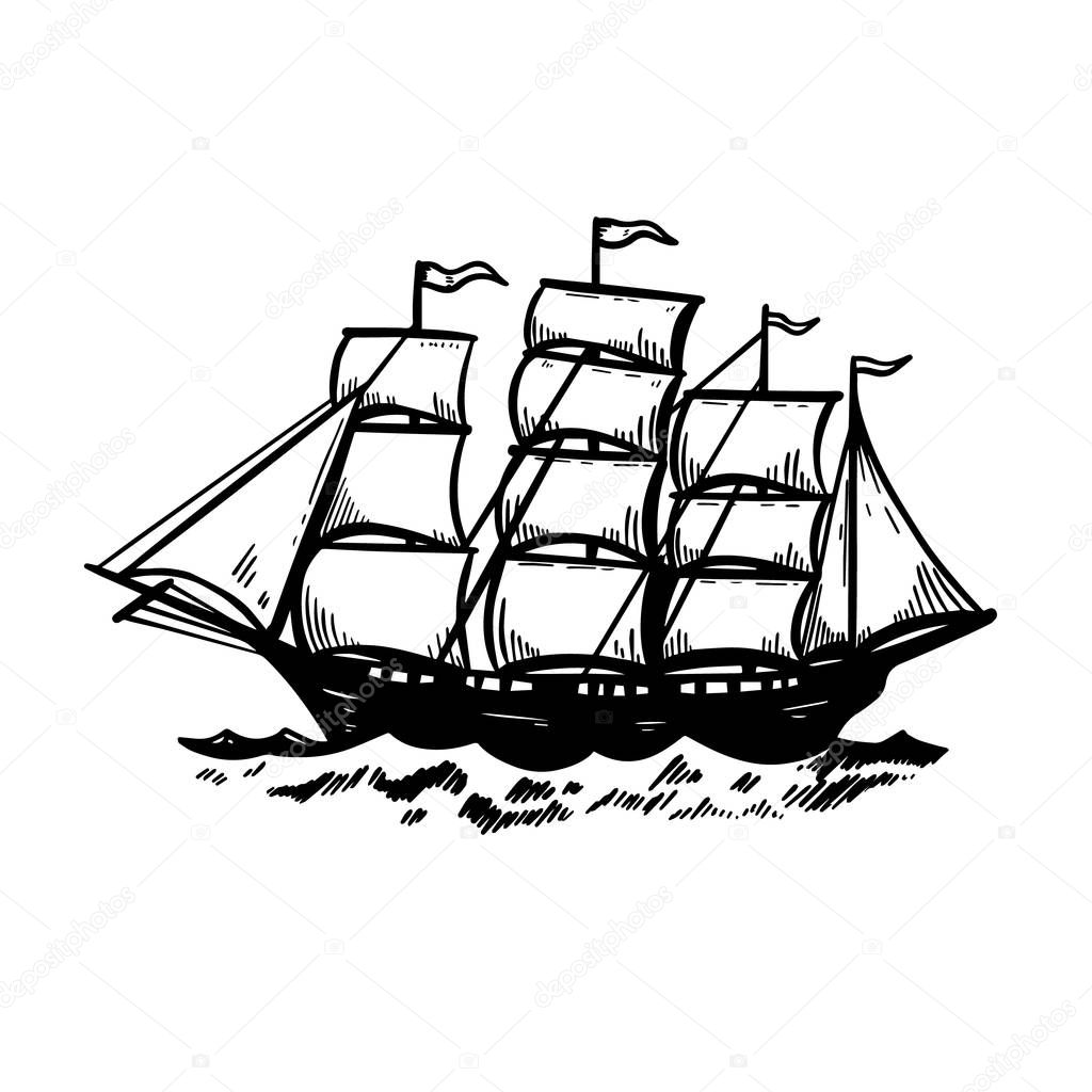 Illustration of vintage sea ship. Design element for poster, card, emblem, sign, banner. Vector image
