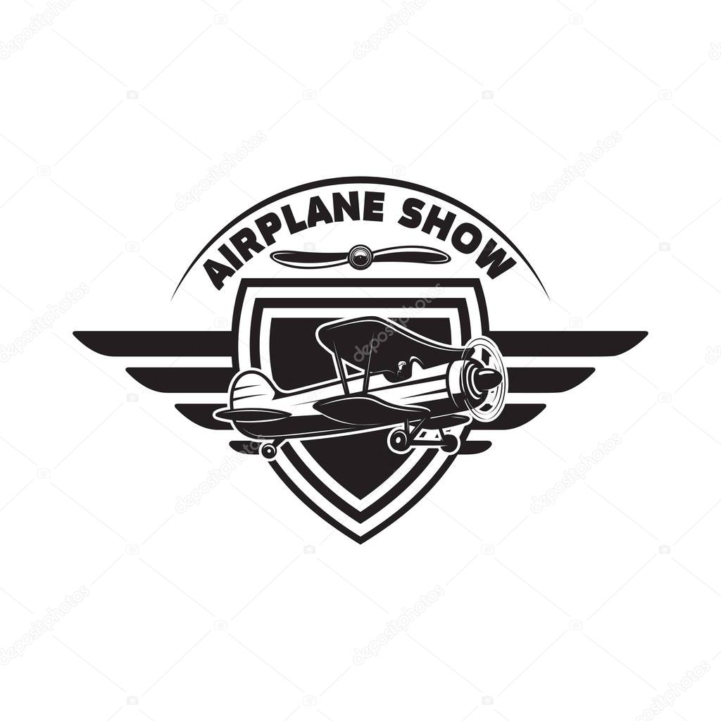 Emblem template with retro airplane. Design element for logo, label, emblem, sign. Vector illustration