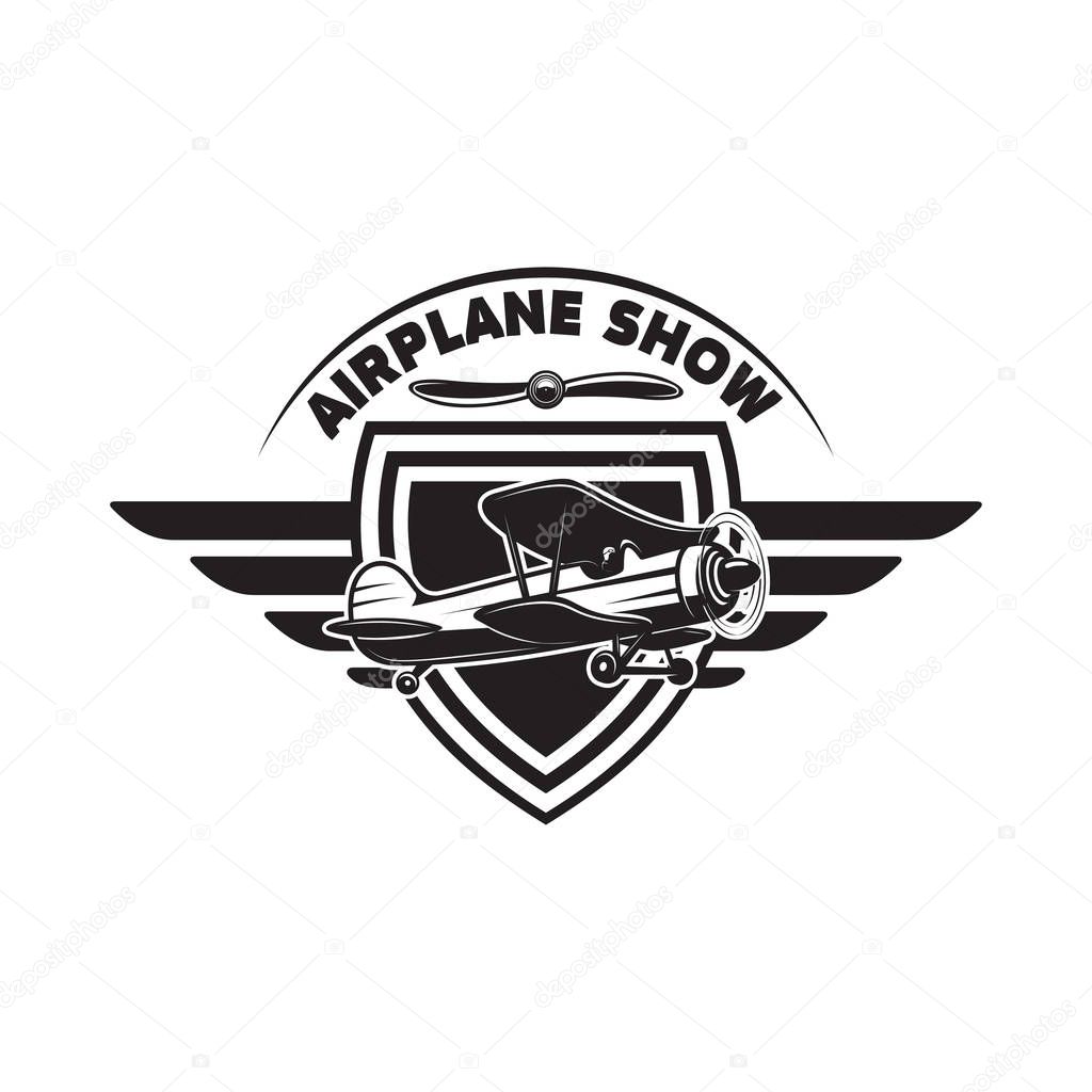 emblem template with retro airplane. Design element for logo, label, emblem, sign. Vector illustration