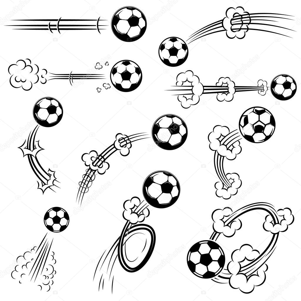 Set of football, soccer balls with motion trails in comic style. Design element for poster, banner, flyer, card. Vector illustration