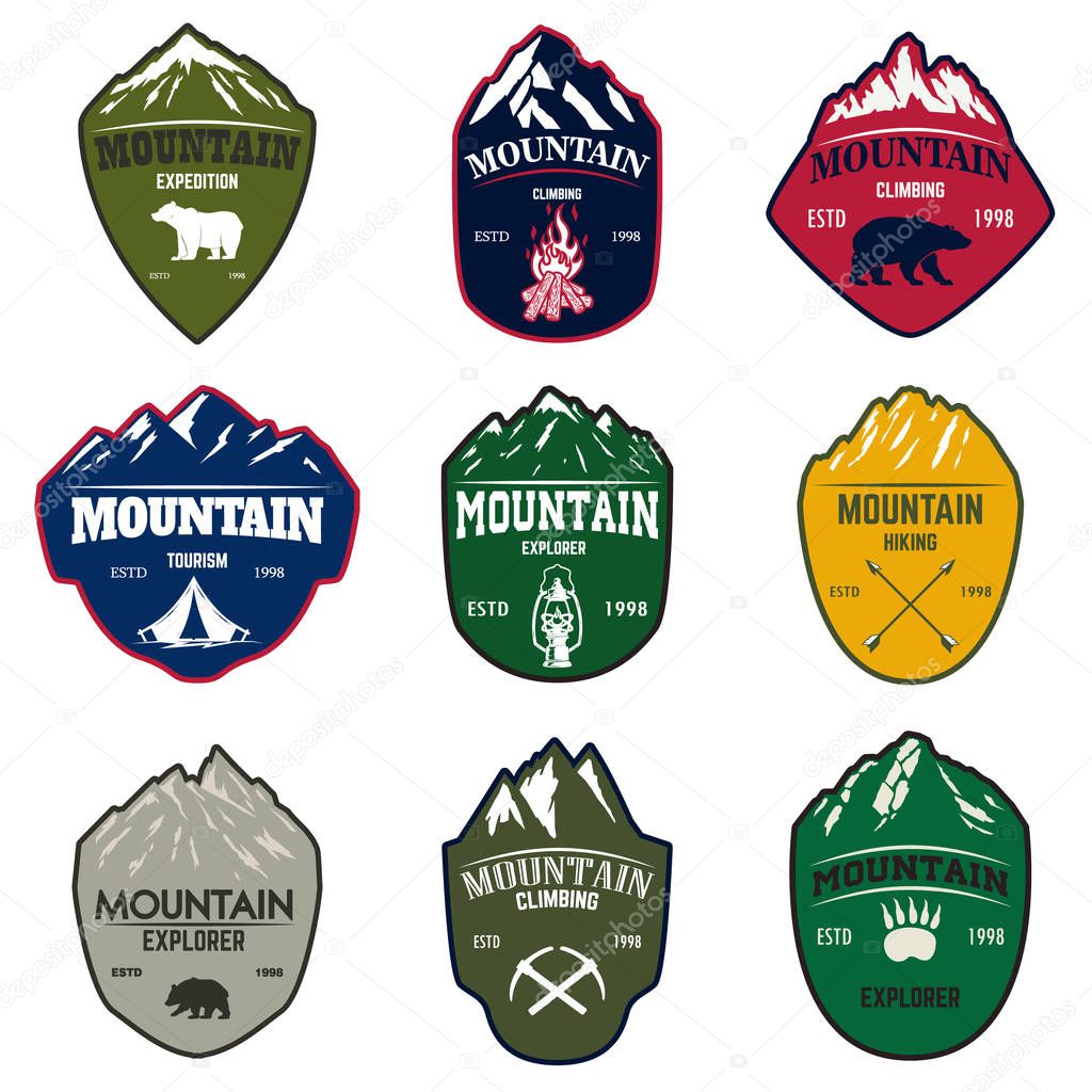 Set of mountain tourism, hiking emblems. Design element for logo, label, emblem, sign. Vector illustration