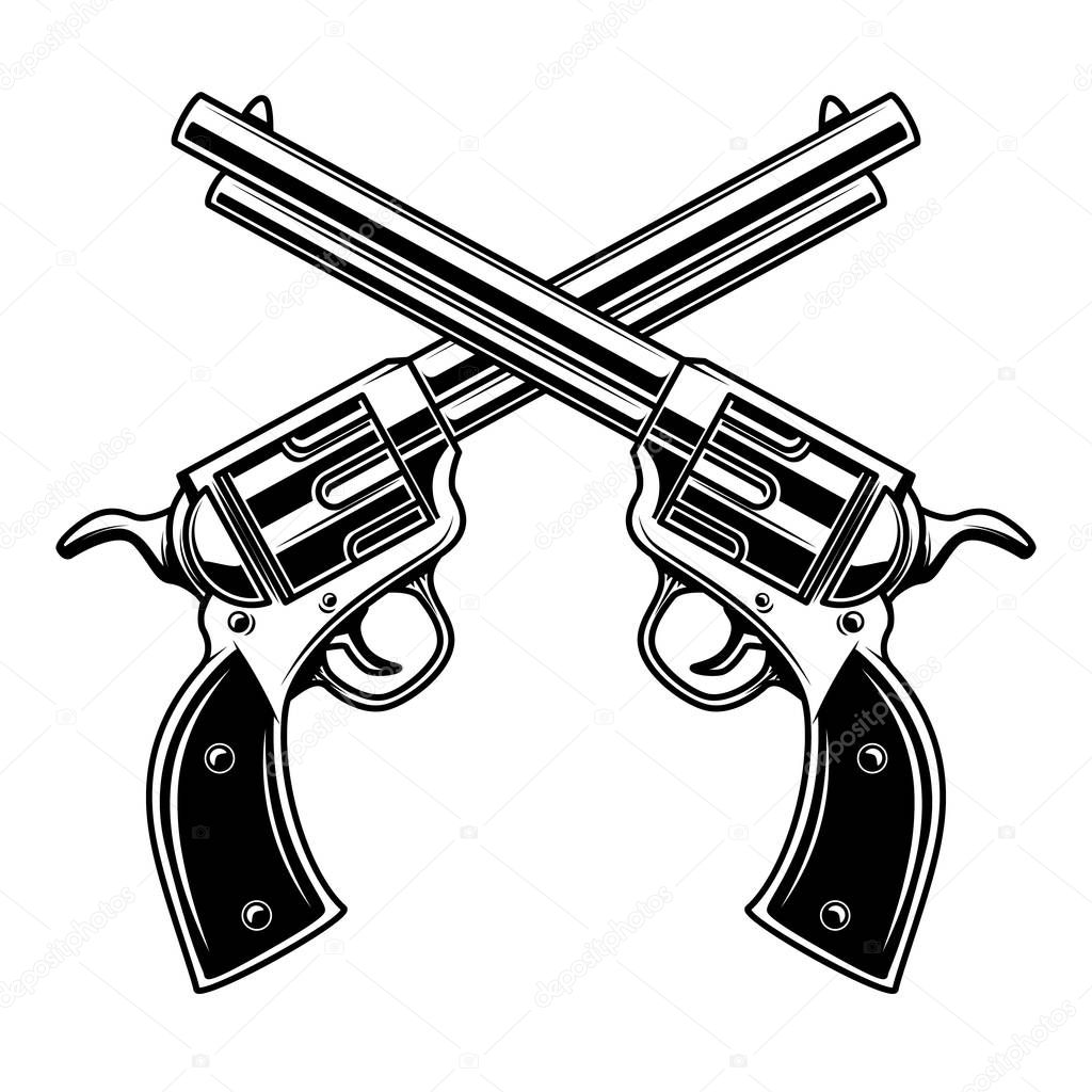 Emblem template with crossed revolvers. Design element for logo, label, emblem, sign. Vector illustration
