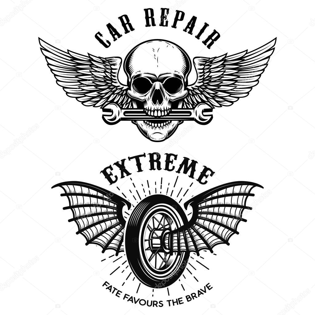 Car repair emblems. Wheel with wings. Skull with wings and wrench. Design element for logo, label, emblem, sign, badge,t shirt. Vector illustration